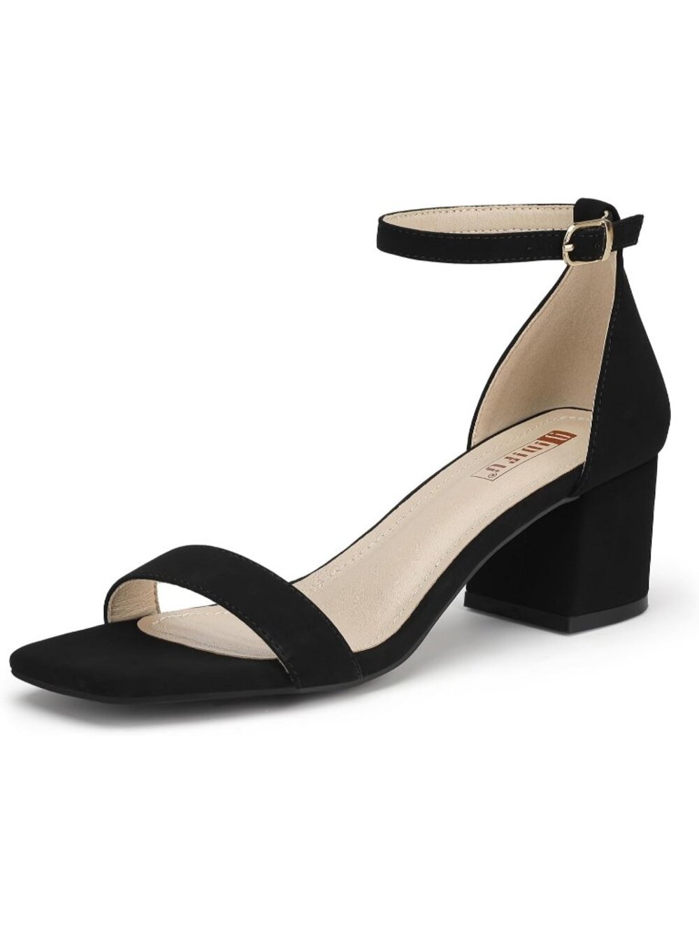 Women's Black Nubuck Chunky Block Low Short Heels Sandals Square Open Toe
